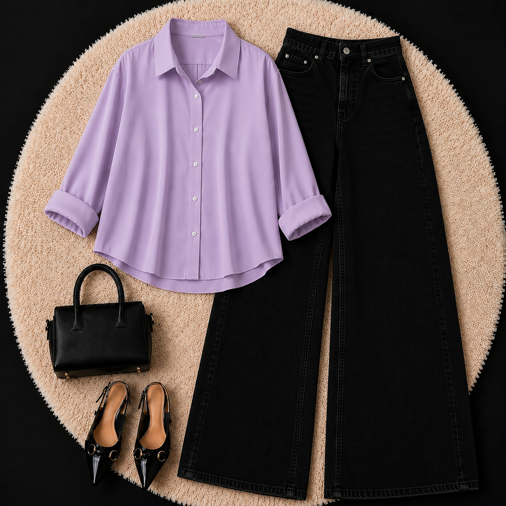 Lilac Button down shirt with Black Jeans