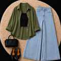 Olive Green Button Down Shirt With Black Inner & Sky Blue Leg Jeans