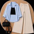 Sky Blue Button Down Shirt With Black Inner & Beige Wide Leg Jeans