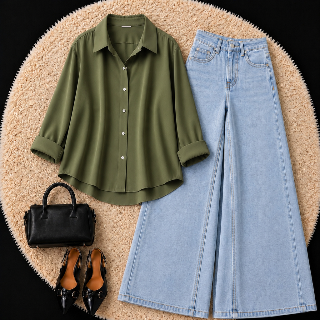 Olive Green Button Down Shirt With Sky Blue Jeans