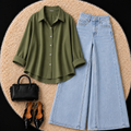 Olive Green Button Down Shirt With Sky Blue Jeans