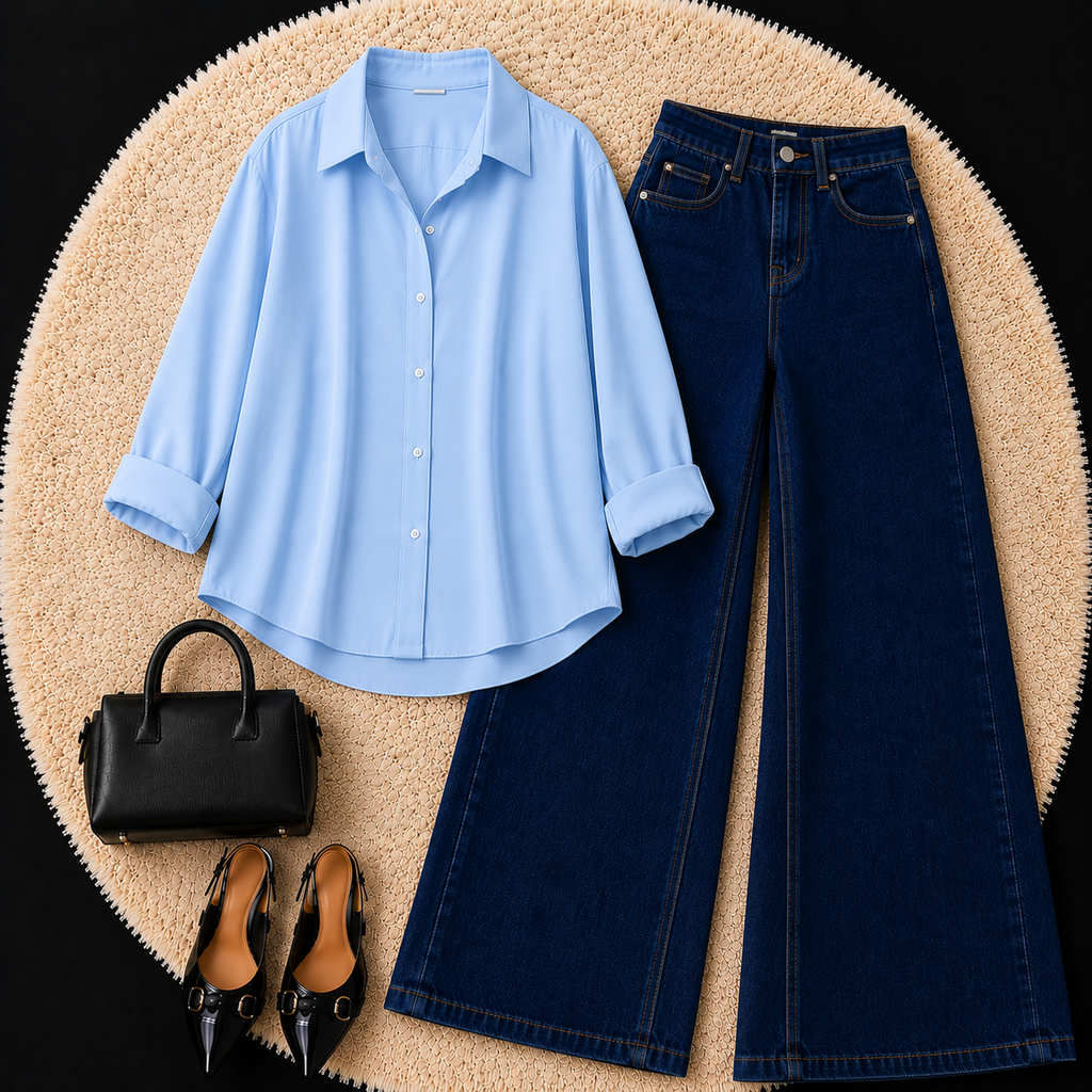 Sky Blue Button down shirt with Dark Blue Jeans