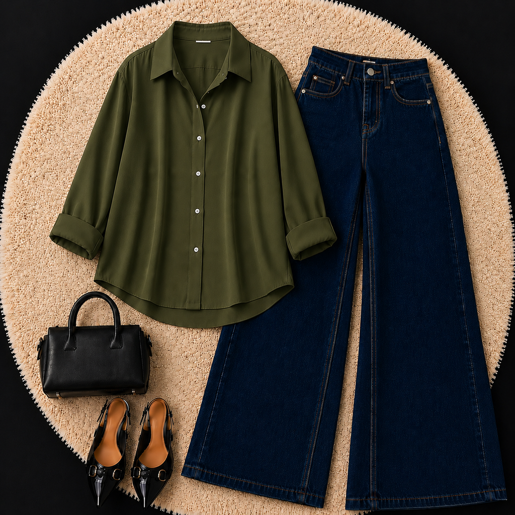 Olive Green Button down shirt with Dark Blue Jeans