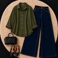 Olive Green Button down shirt with Dark Blue Jeans