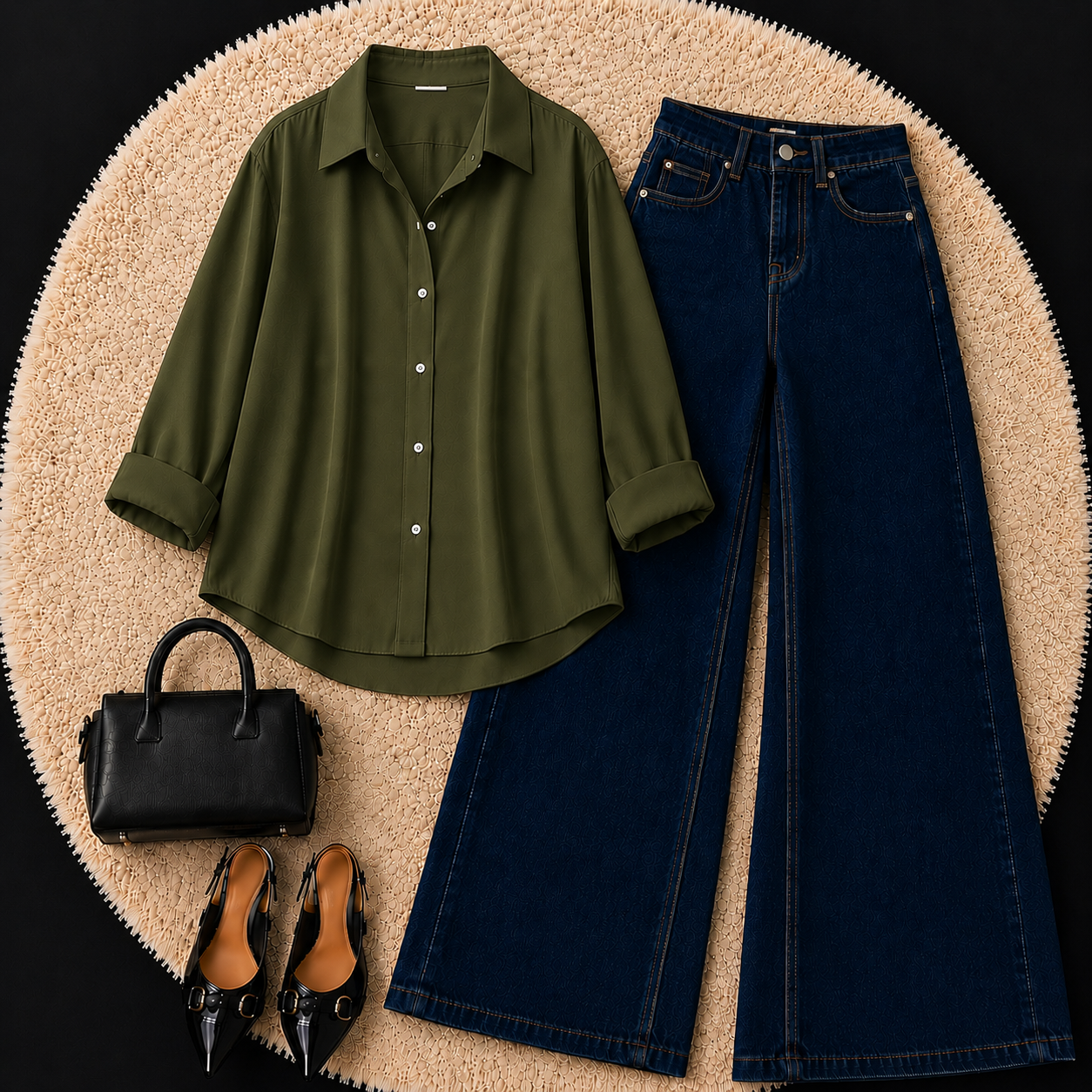 Olive Green Button down shirt with Dark Blue Jeans