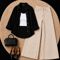 Black Button Down Shirt With White Inner & Beige Wide Leg Jeans