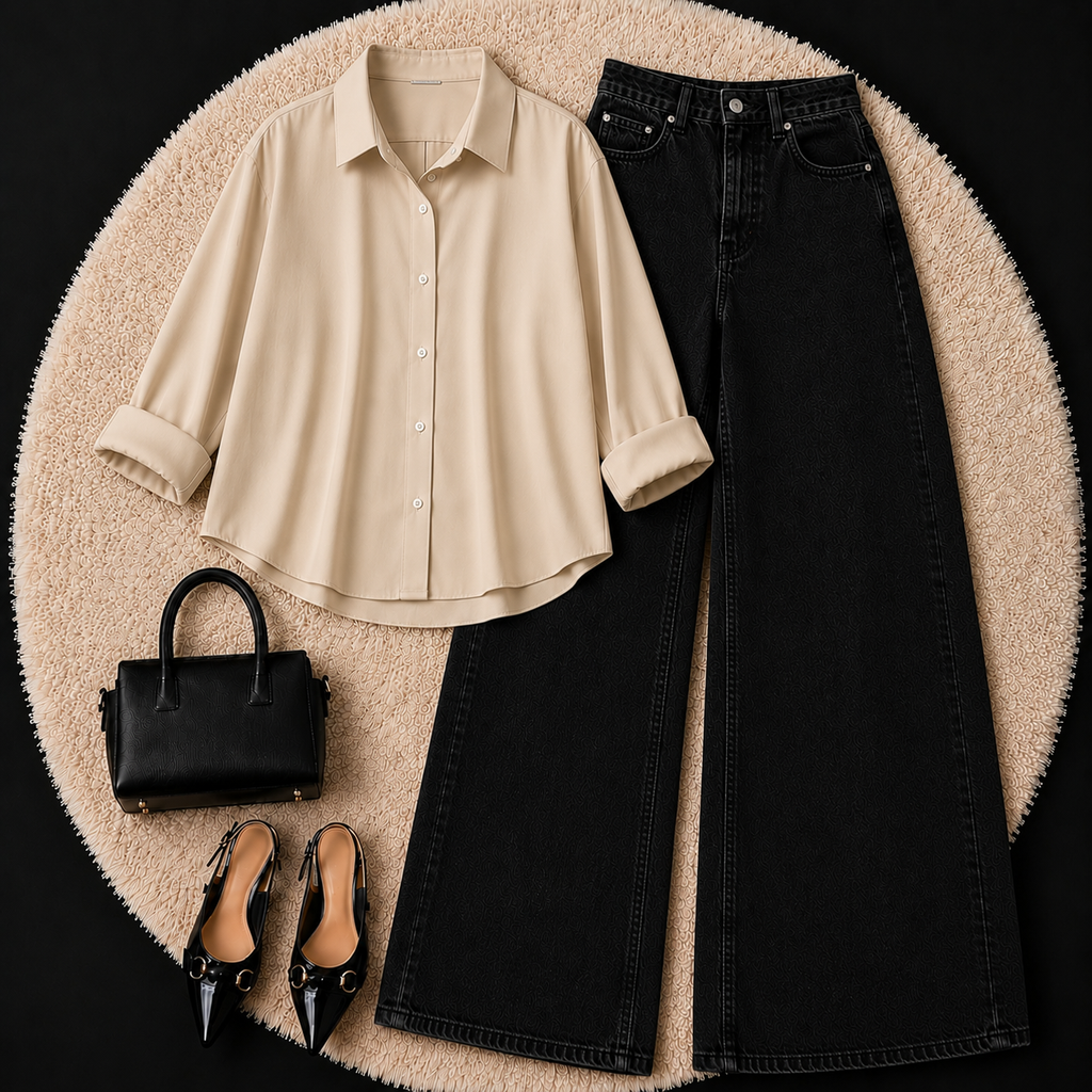Beige Button down shirt with Black Jeans