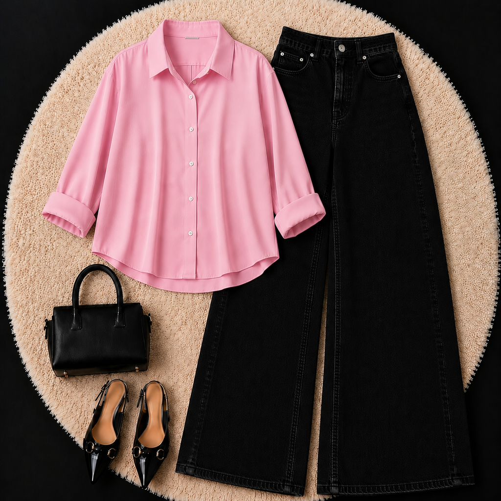 Baby Pink Button down shirt with Black Jeans