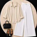 beige Button down shirt with White Jean