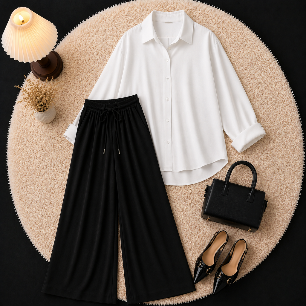 White Button Down Shirt With Black Flapper Trouser