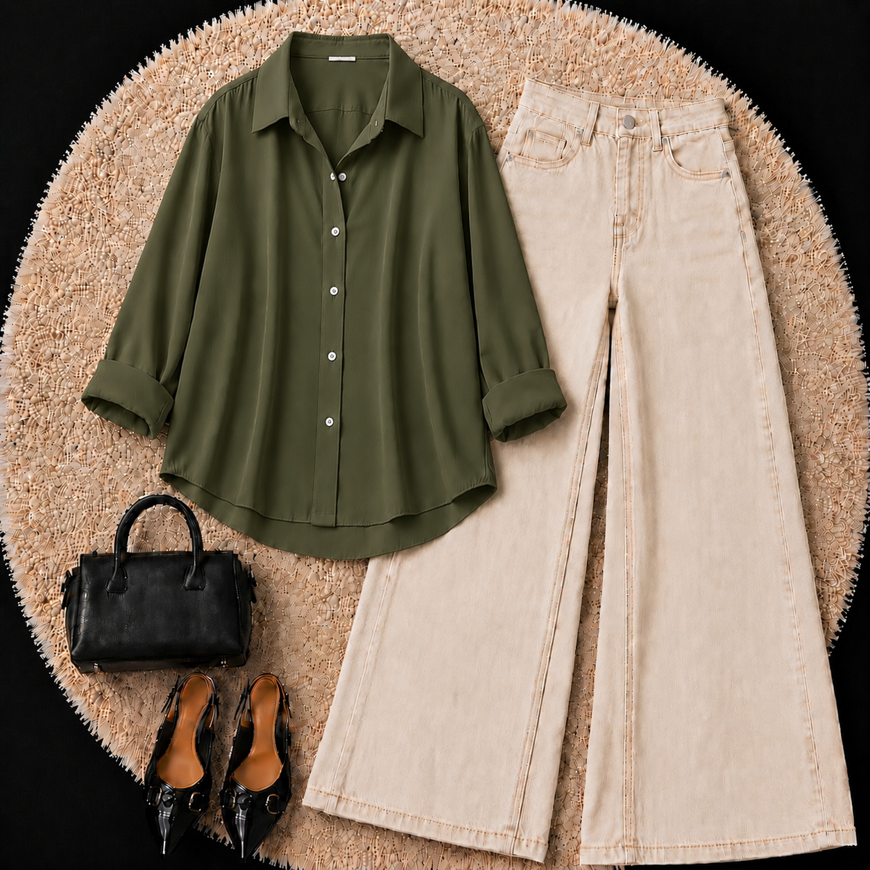 Olive Green Button down shirt with Beige Jeans