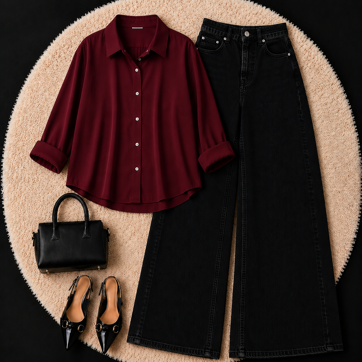 Burgundy Button down shirt with Black Jeans