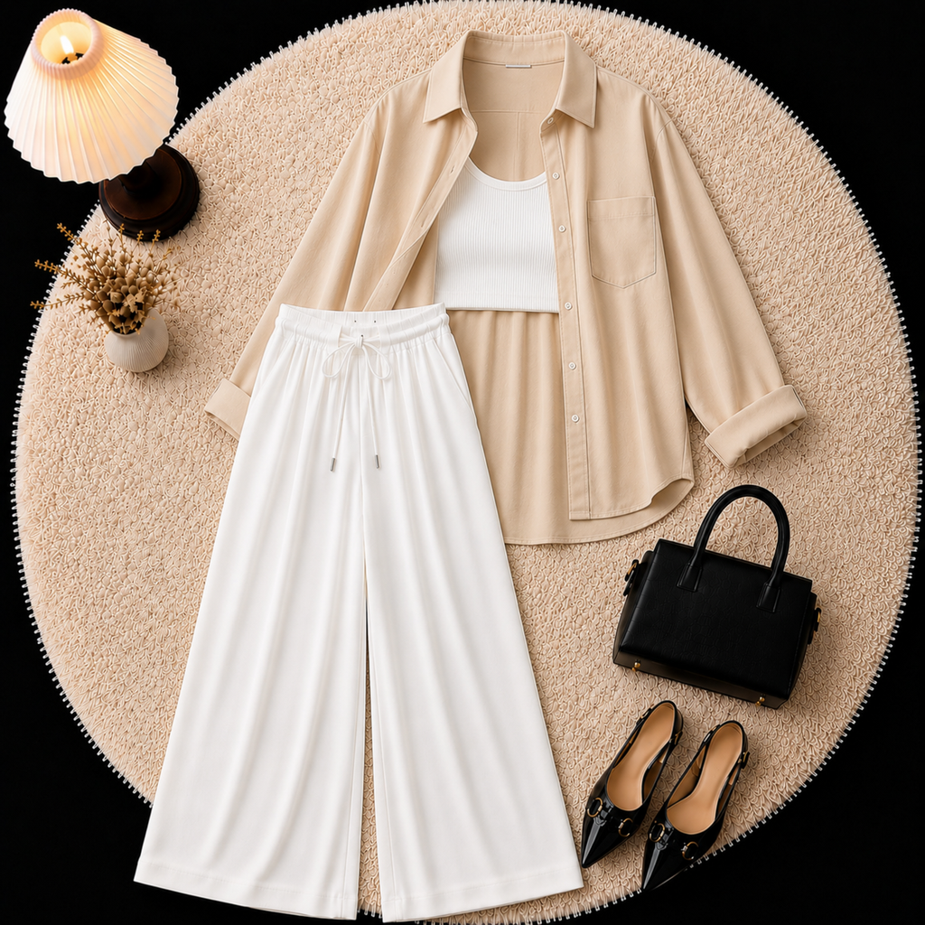 Beige Button Down Shirt With Inner & White Flapper Trouser