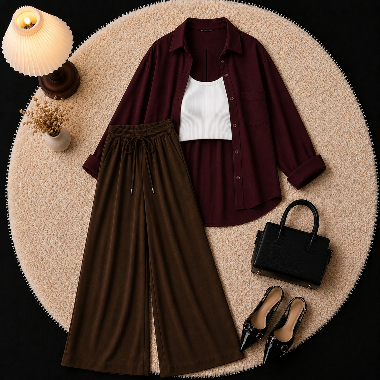 Maroon Down Shirt With Inner & Brown Flapper Trouser
