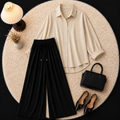 Beige Button Down Shirt With Black Flapper Trouser