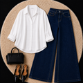 White Button down shirt with Dark Blue Jeans