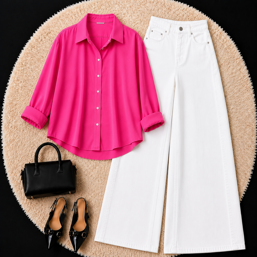 Hot Pink Button down shirt with White Jeans