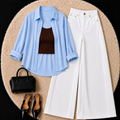 Sky Blue Button Down Shirt With Brown Inner & White Wide Leg Jeans
