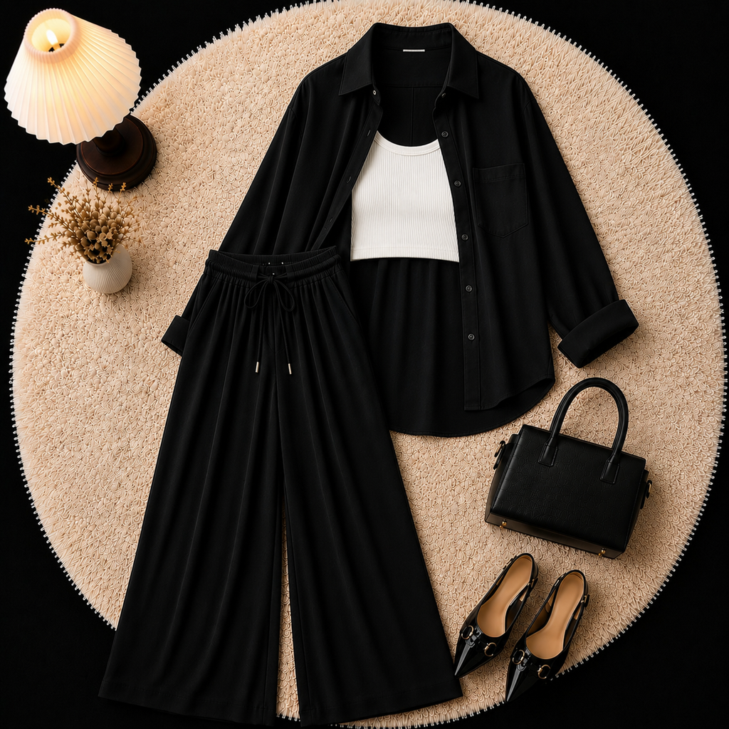 Black Down Shirt With Inner & Black Flapper Trouser