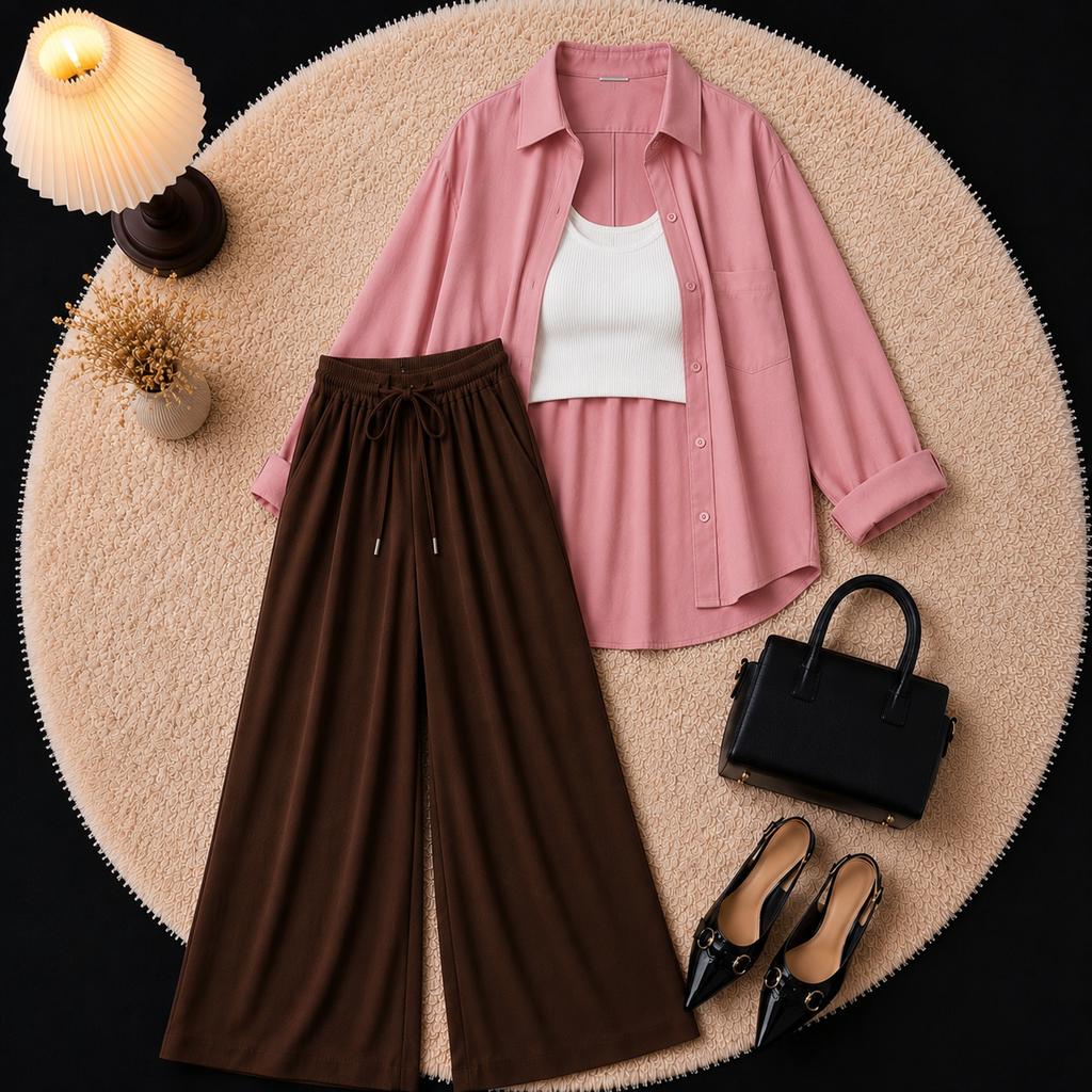 Pink Down Shirt With Inner & Brown Flapper Trouser