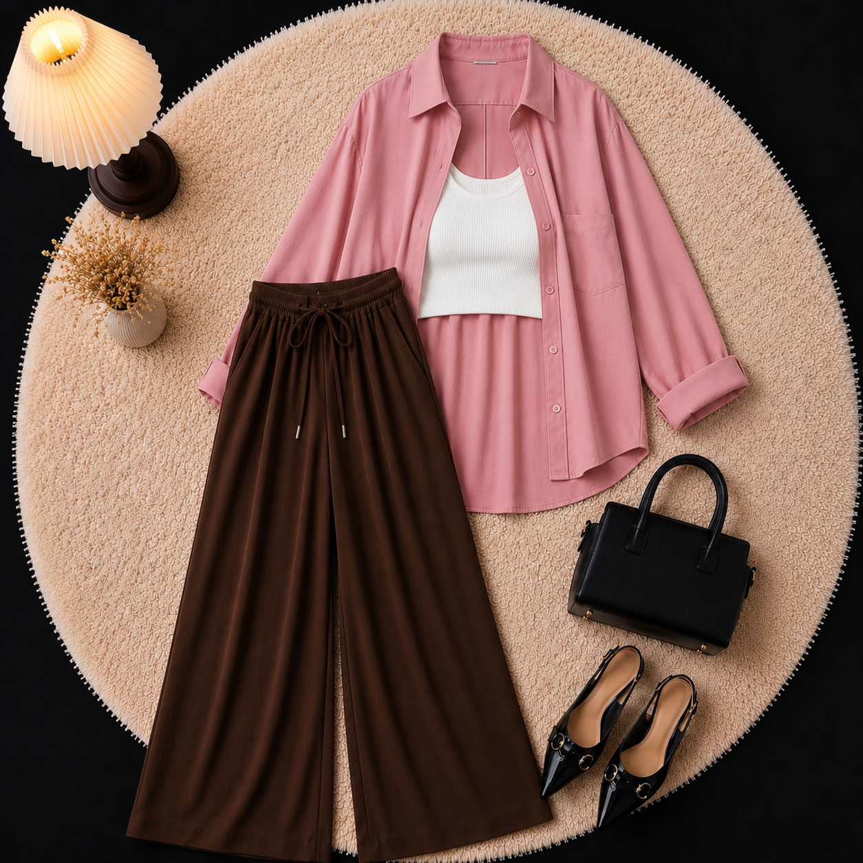 Pink Down Shirt With Inner & Brown Flapper Trouser