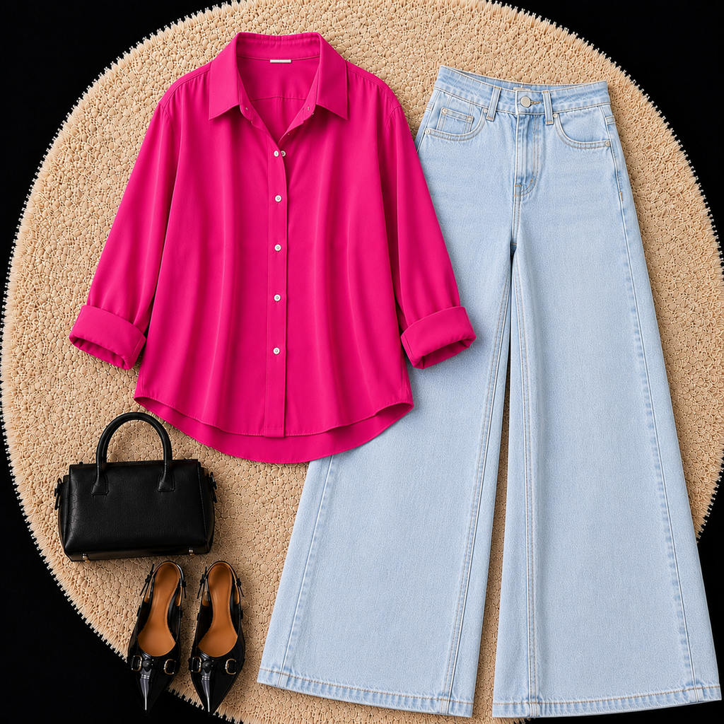 Hot Pink Button Down Shirt With Sky Blue Jeans