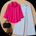 Hot Pink Button Down Shirt With Sky Blue Jeans