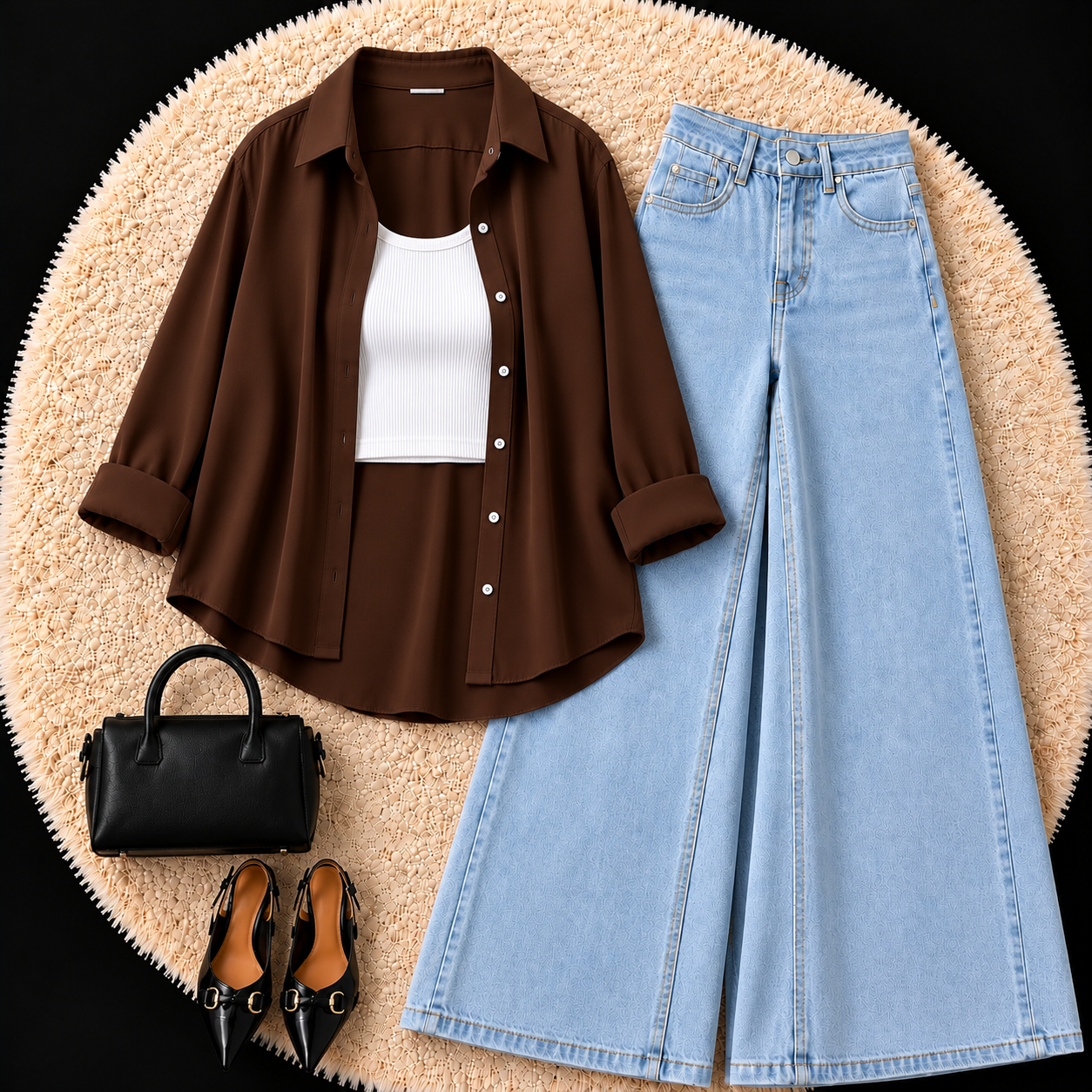 Brown Button Down Shirt With White Inner & Sky Blue Leg Jeans