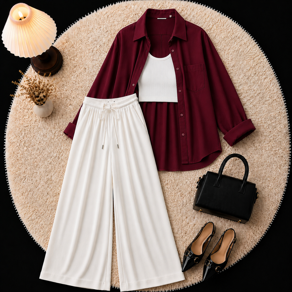 Marron Button Down Shirt With Inner & White Flapper Trouser