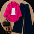 Hot Pink Button Down Shirt With White Inner & Dark Blue Wide Leg Jeans