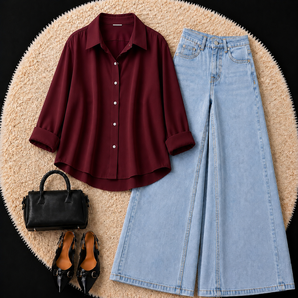 Burgundy Button Down Shirt With Sky Blue Jeans