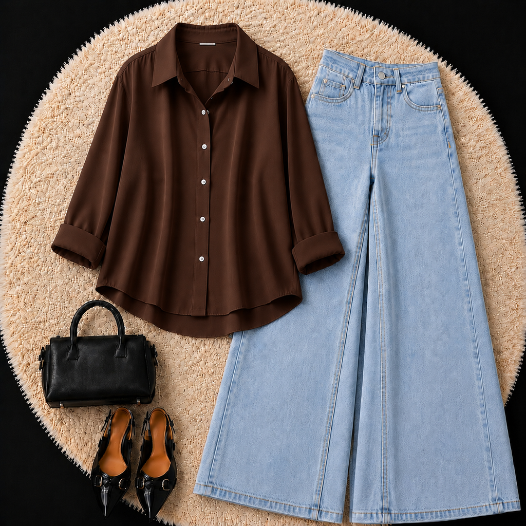 Brown Button Down Shirt With Sky Blue Jeans