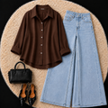 Brown Button Down Shirt With Sky Blue Jeans