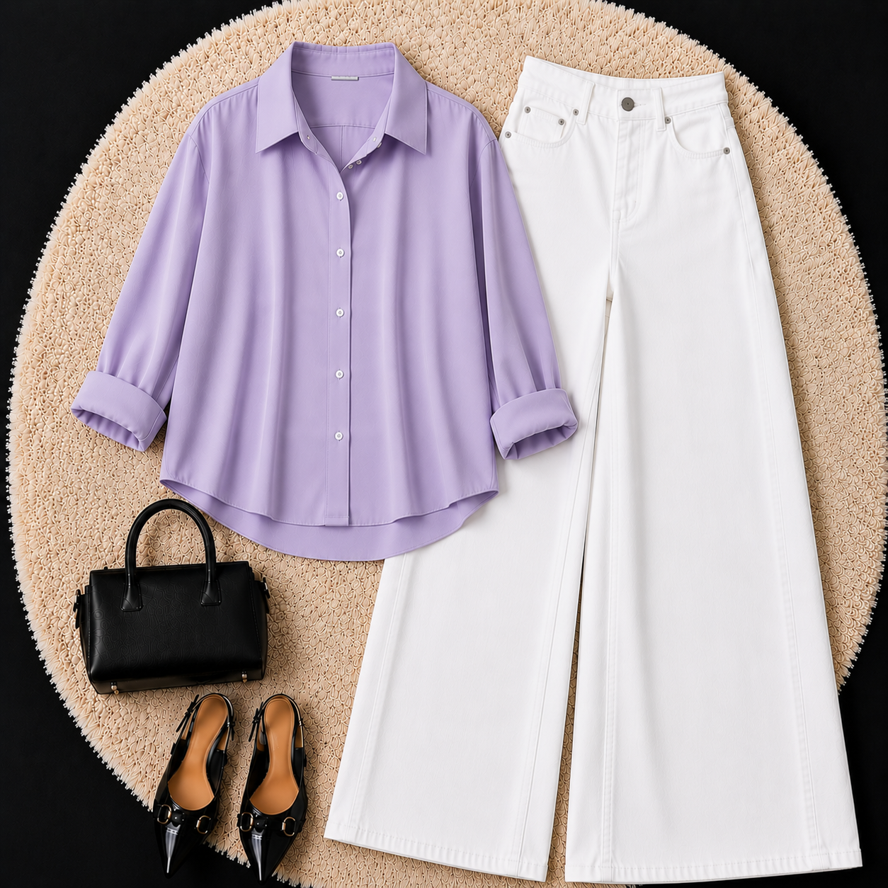 Lilac Button down shirt with White Jeans