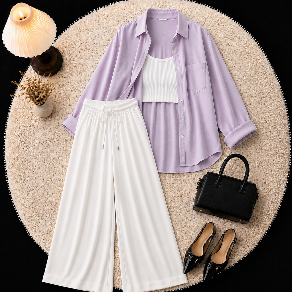 Lilac Button Down Shirt With Inner & White Flapper Trouser