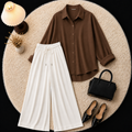 Brown Button Down Shirt With White Flapper Trouser