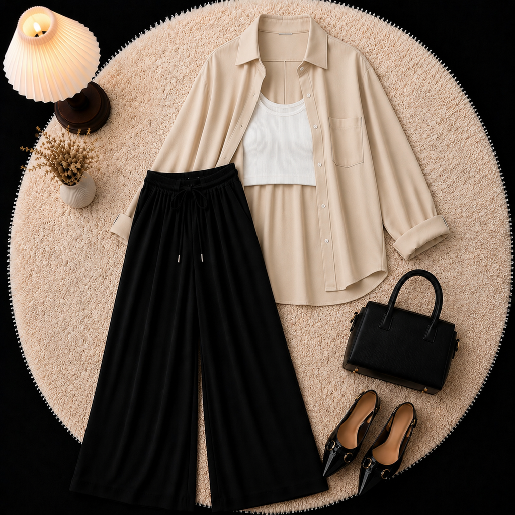 Beige Button Down Shirt With Inner & Black Flapper Trouser