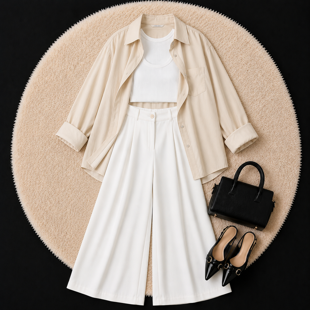 Beige Button Down Shirt With White Inner & White Formal pant
