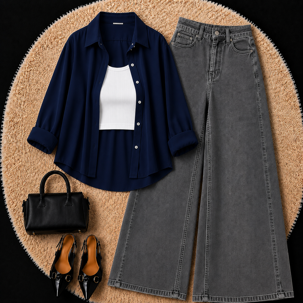 Button Down Shirt With Inner & Grey Wide Leg Jeans