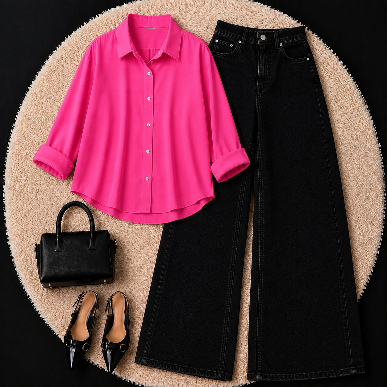 Hot Pink Button down shirt with Black Jeans