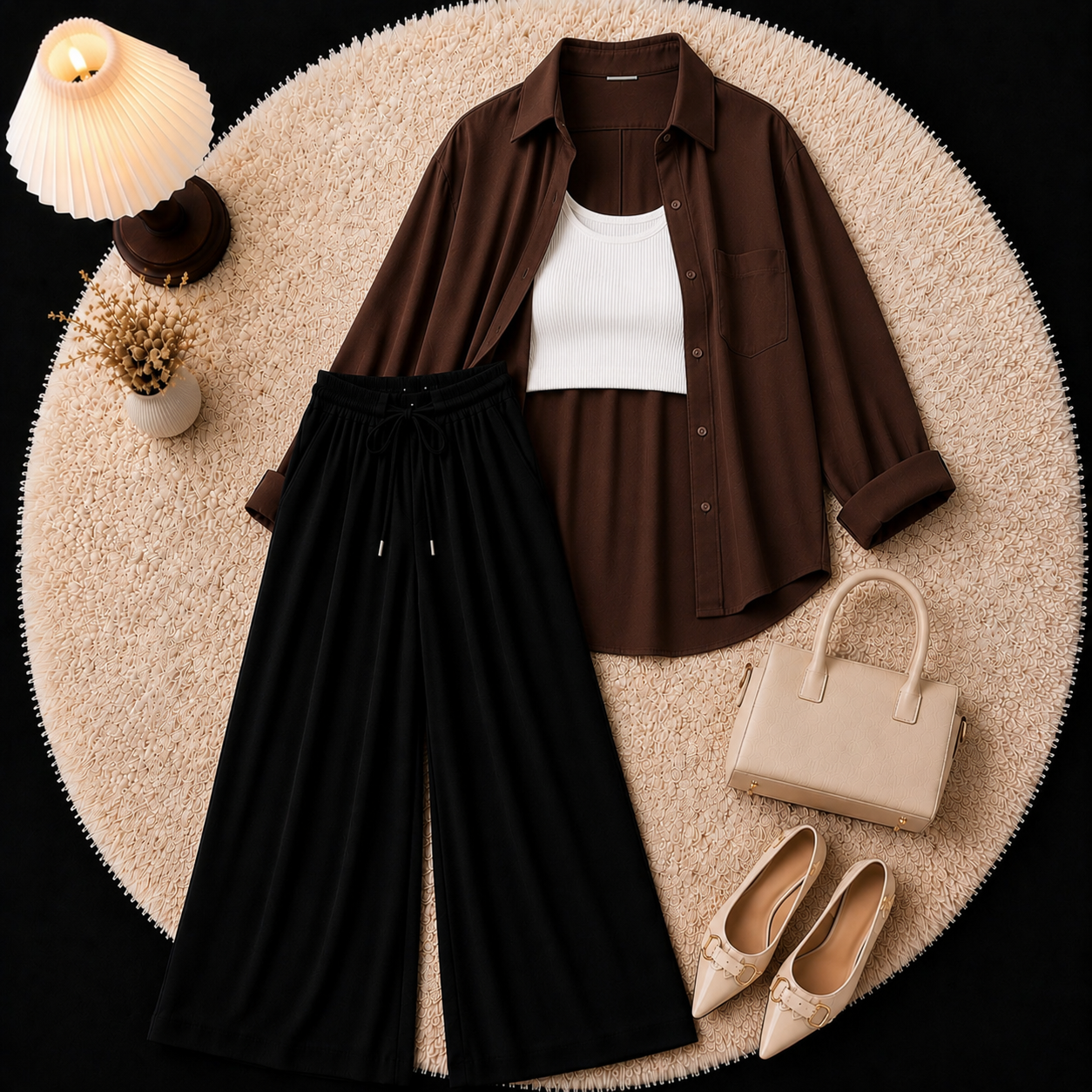 Brown Button Down Shirt With Inner & Black Flapper Trouser