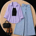 Lilac Button Down Shirt With Black Inner & Sky Blue Wide Leg Jeans
