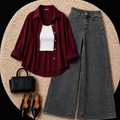 Burgundy Button Down Shirt With White Inner & Grey Wide Leg Jeans
