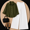 Olive Green Button down shirt with White Jeans