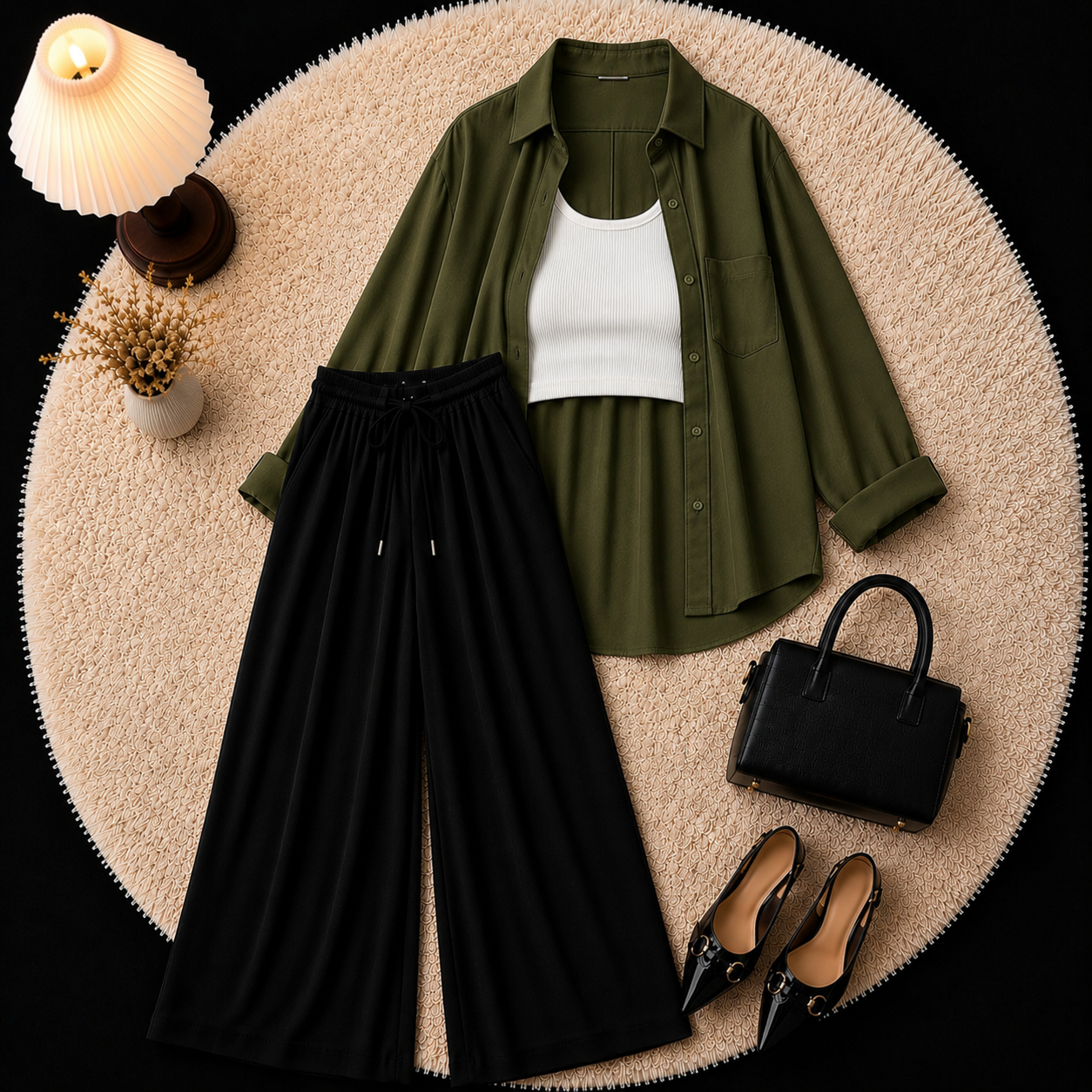 Olive Green Down Shirt With Inner & Black Flapper Trouser