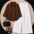 Brown Button down shirt with White Jeans