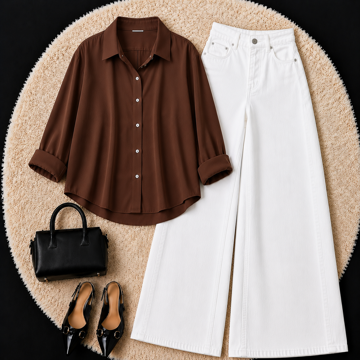 Brown Button down shirt with White Jeans