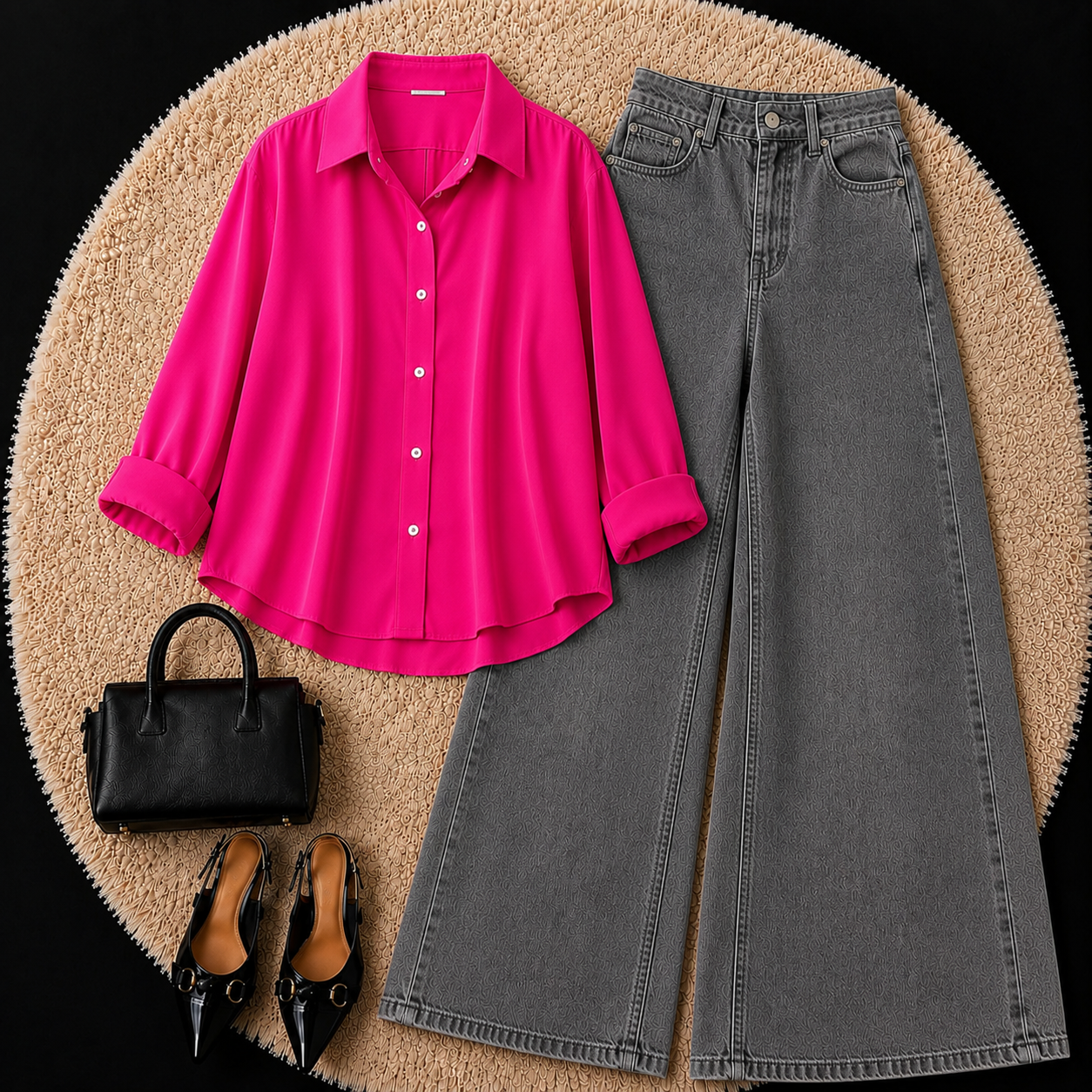 Hot Pink Button Down Shirt With Grey Jeans