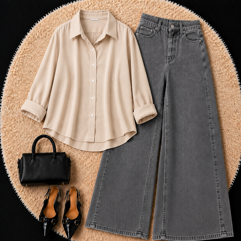 Beige Button Down Shirt With Grey Jeans