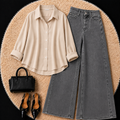 Beige Button Down Shirt With Grey Jeans